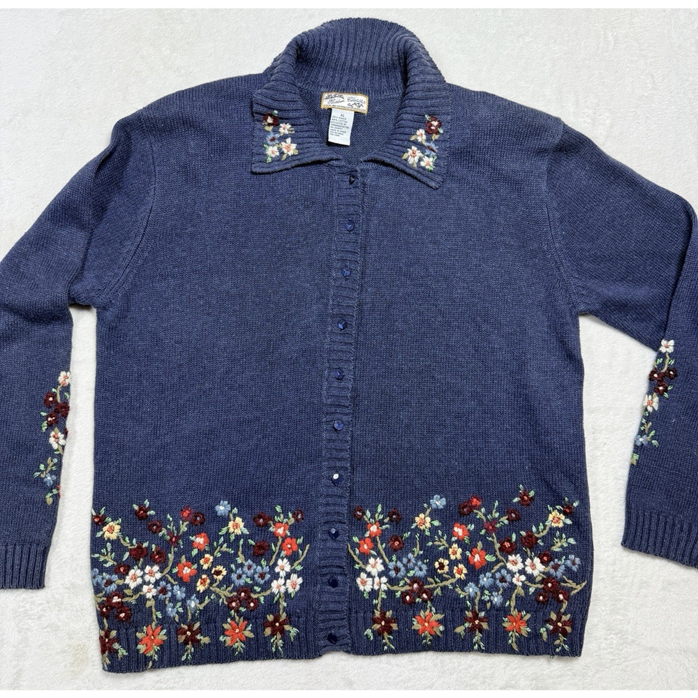 Heirloom Collectibles Blue Floral Embroidered Cardigan XL Coastal Grandma
